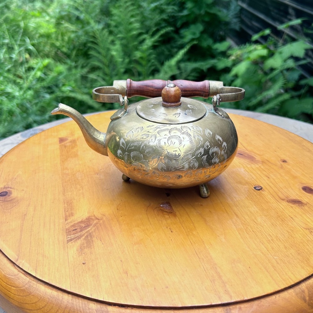 Vintage Brass Teapot Miniature Kettle Gold Etched Floral Wood Handle India Small